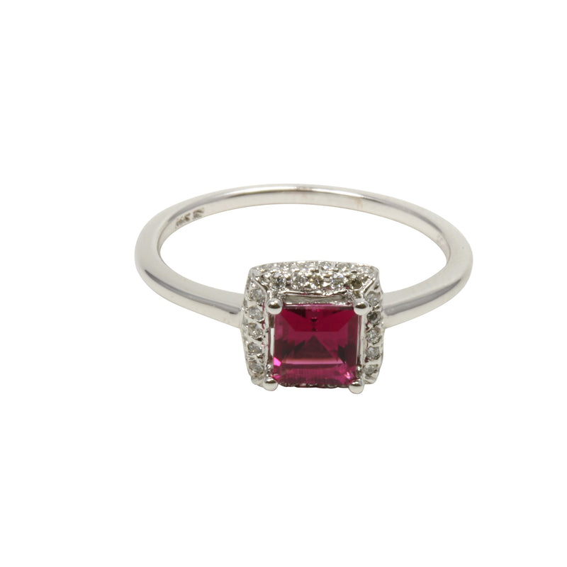 14k Gold Princess Cut Rubellite & Diamond Ring