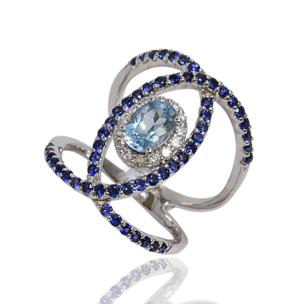 14k Gold Aqua, Blue Sapphire, & Diamond Ring