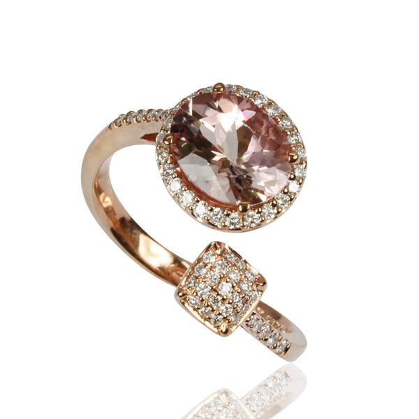 14k Gold Salmon Tourmaline & Diamond Ring