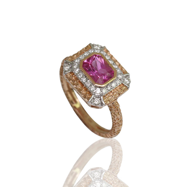 18k Gold Pink Sapphire & Diamond Texture Ring