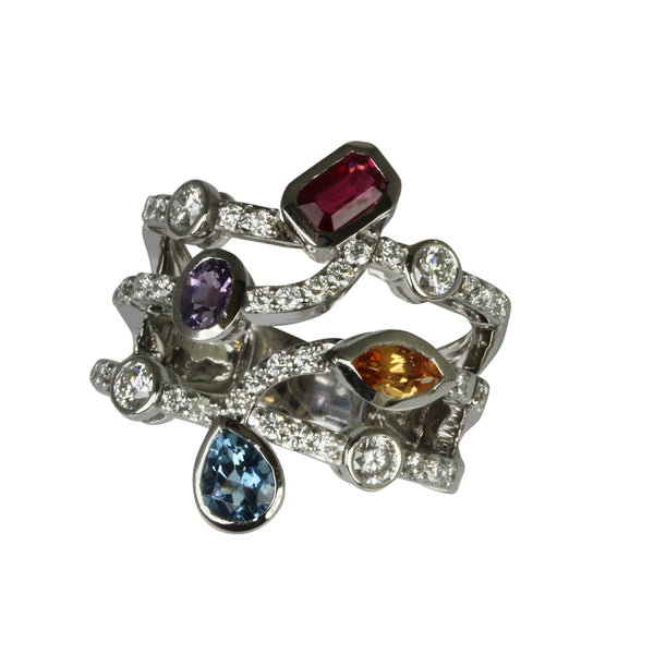 14k Gold Multi Shape Gemstone & Diamond Flex Ring