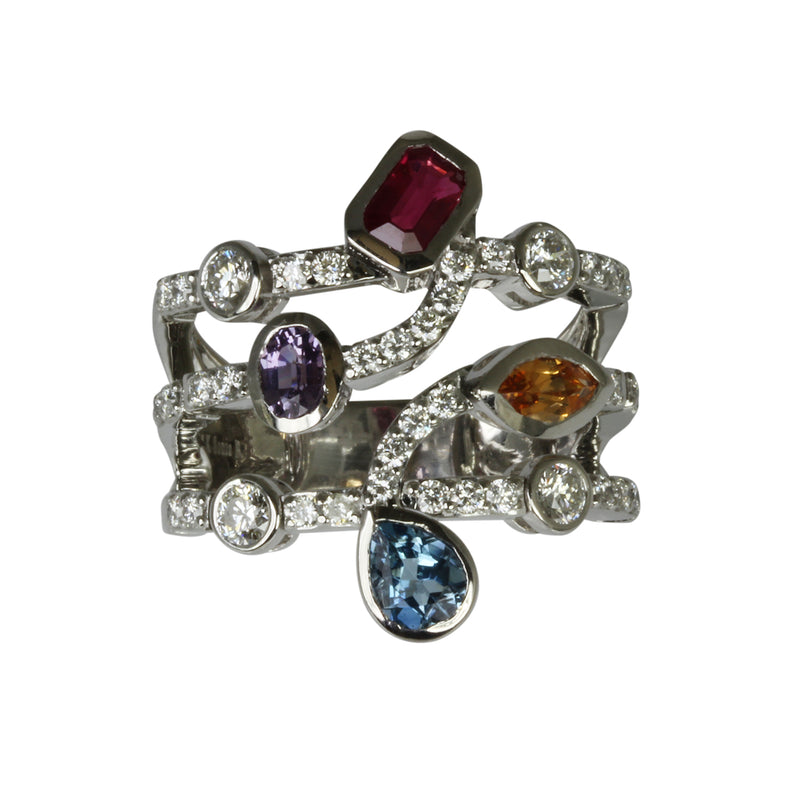 14k Gold Multi Shape Gemstone & Diamond Flex Ring