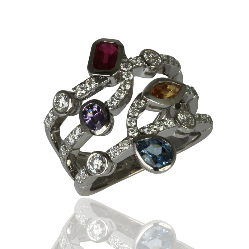 14k Gold Multi Shape Gemstone & Diamond Flex Ring