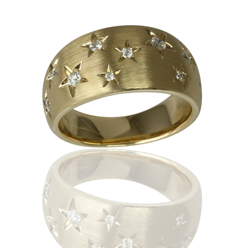 14k Gold Scattered Stars Wide Band Ring