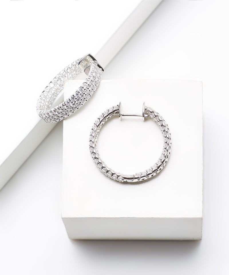 Plated SS & Cz Pave Hoop Earrings