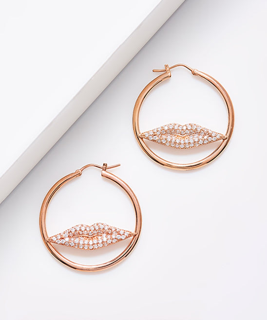 Plated SS Pave Lips Hoop Earrings