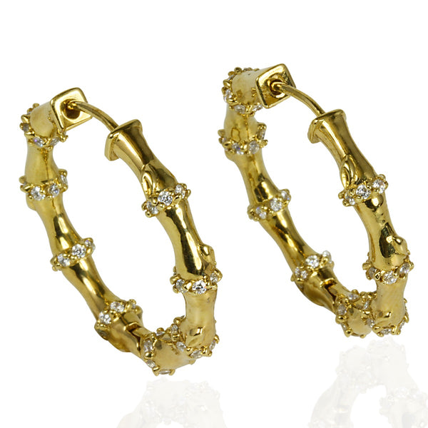 Plated SS & Cz Bamboo Hoop Earrings