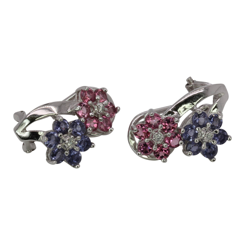 SS Pink Tourmaline & Iolite Floral Earrings