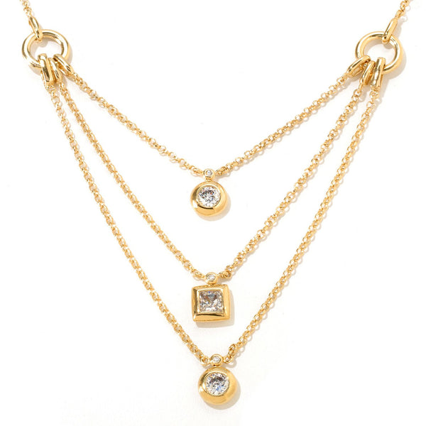 Plated SS & Cz Three Layered Necklace