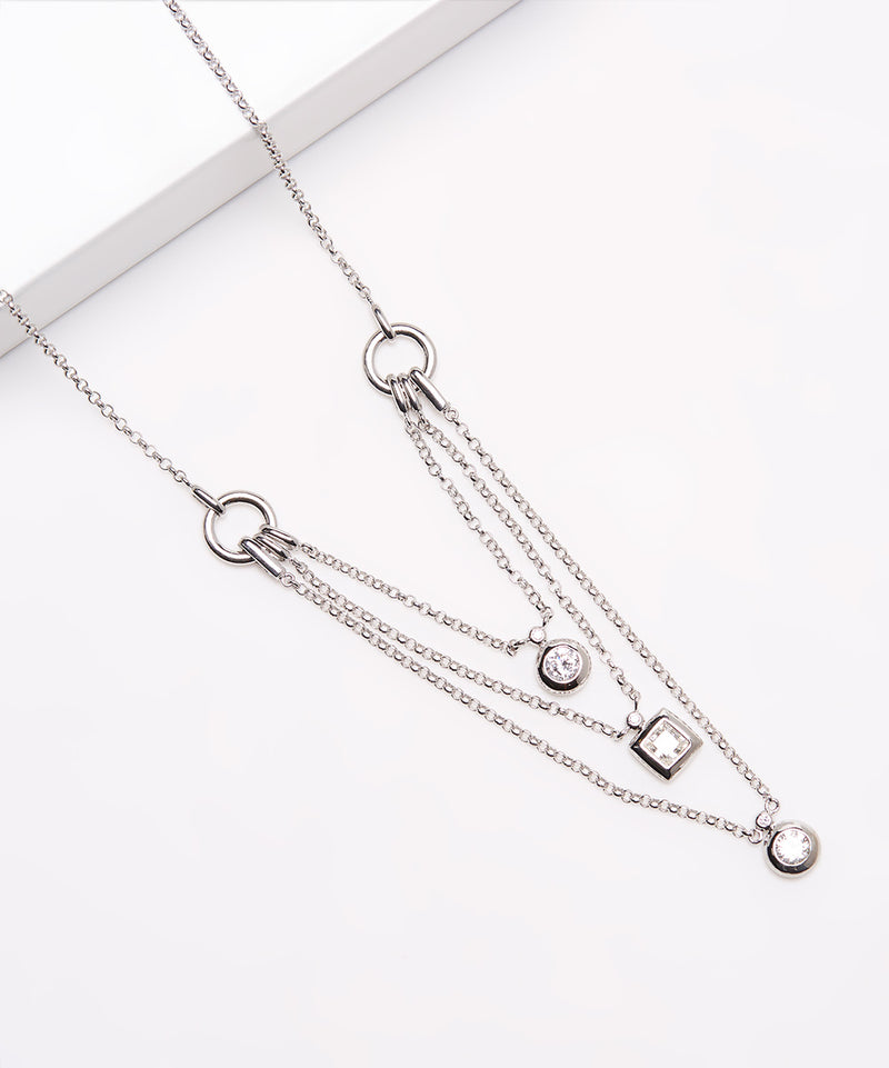 Platinum Plated SS & Cz Three Layered Necklace