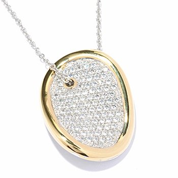 SS & Pave CZ Wave Oval Disc Pendant Necklace