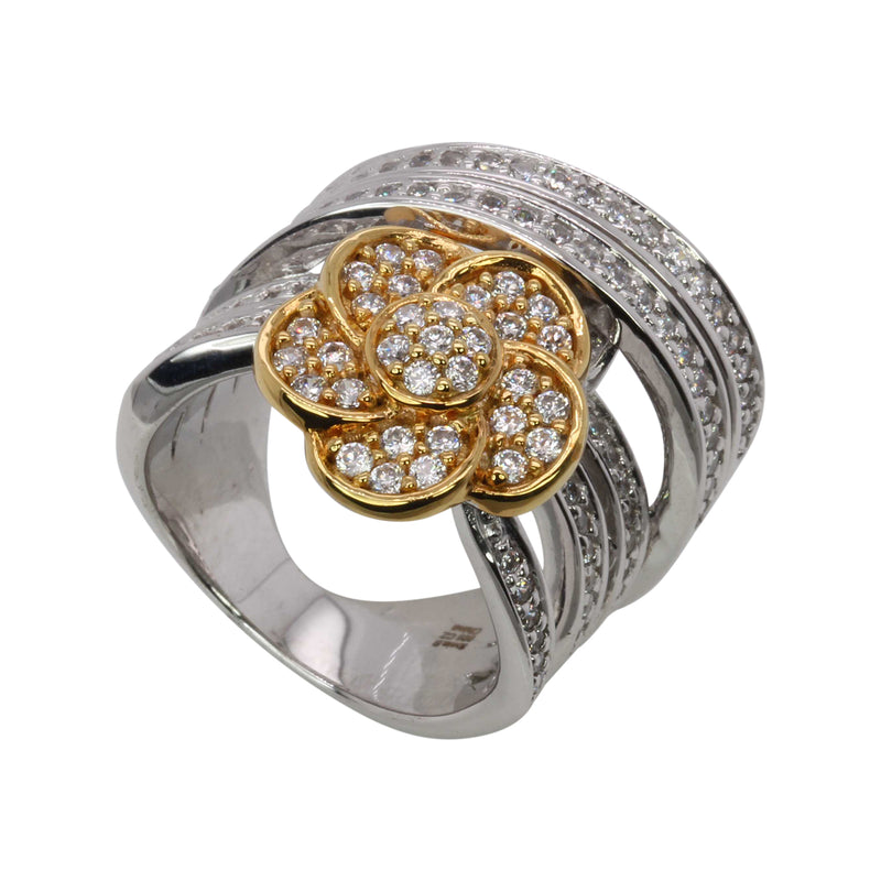 SS Two Tone CZ Floral Station & Wrap Band Ring