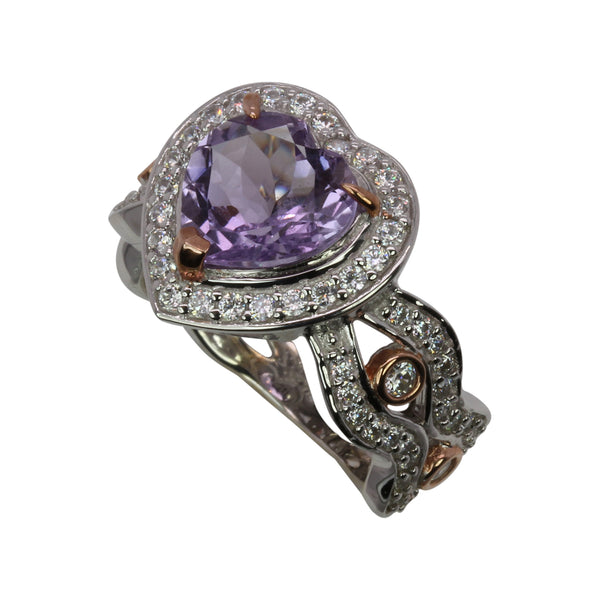 SS Amethyst Heart & CZ Two Tone Ring