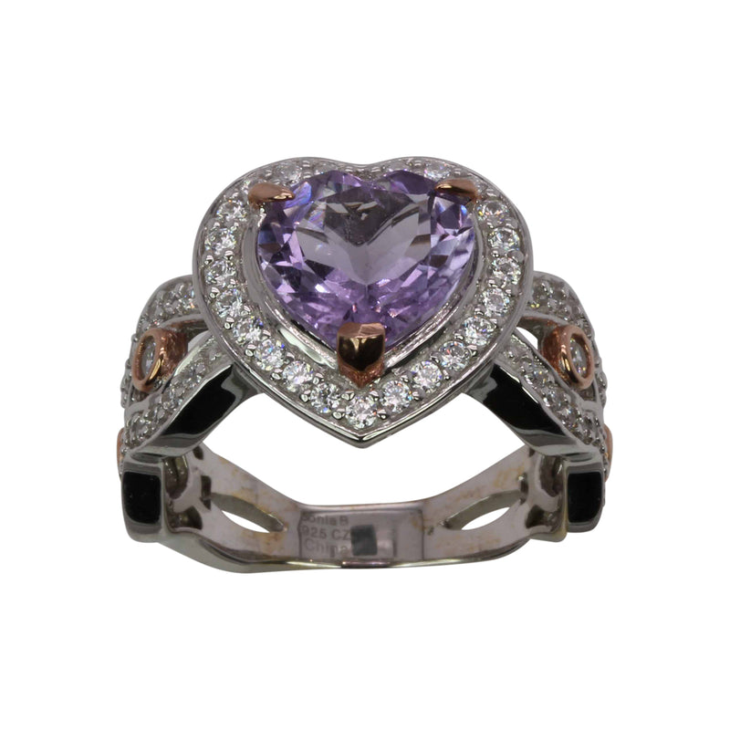 SS Amethyst Heart & CZ Two Tone Ring