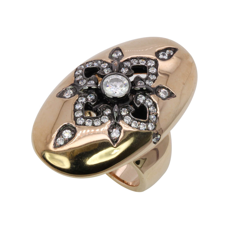 SS & CZ  Fleur Shield Ring