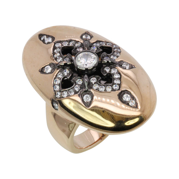 SS & CZ  Fleur Shield Ring