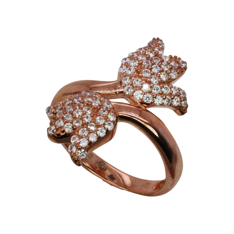 Rose Plated SS & Cz Pave Tulip Bypass Ring