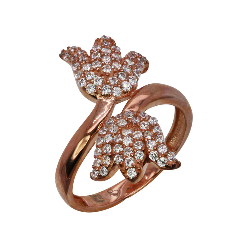 Rose Plated SS & Cz Pave Tulip Bypass Ring