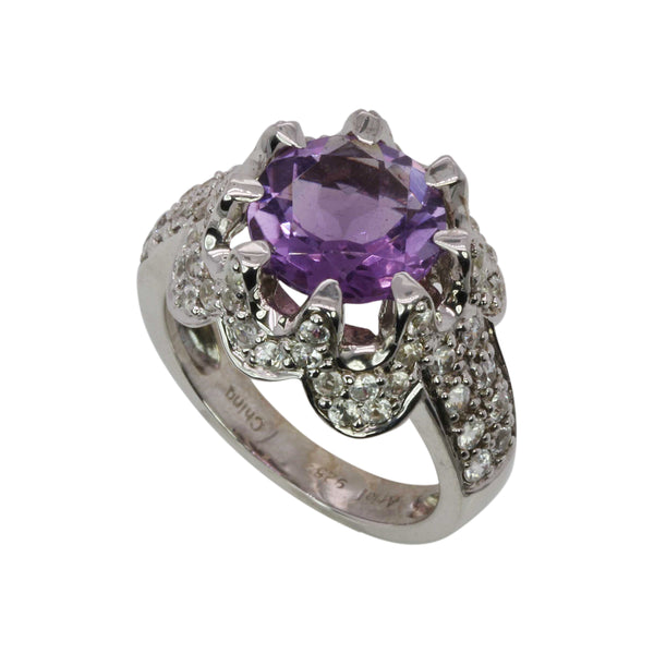 SS Amethyst & White Zircon Multi Claw Ring