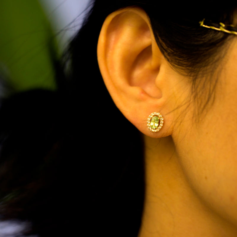 14ky Gold Mint Garnet & White Sapphire Halo Earrings