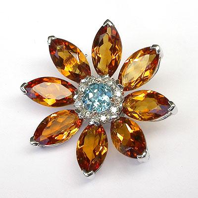18k Gold Blue Sapphire & Diamond Flower Brooch