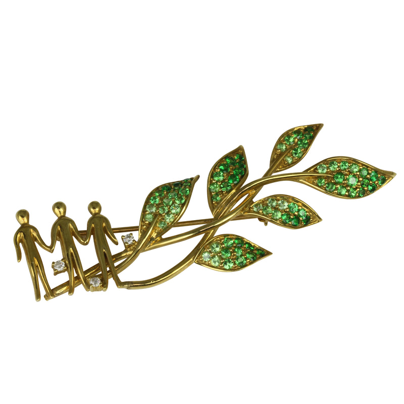 18k Gold 2 1/2'' Tsavorite & Diamond Leaf Brooch