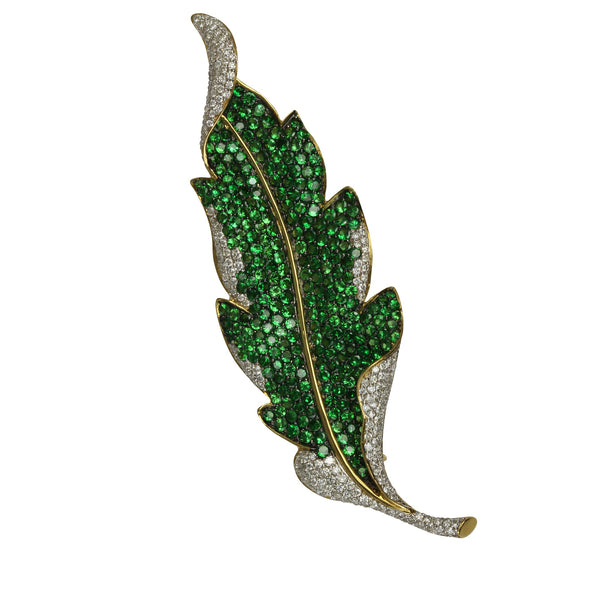 18k Gold 3 3/16'' Tsavorite & Diamond Leaf Brooch