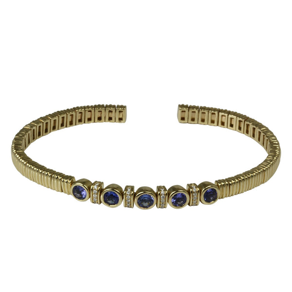 14k Gold Blue Sapphire & Diamond Wire Texture Flex Bracelet
