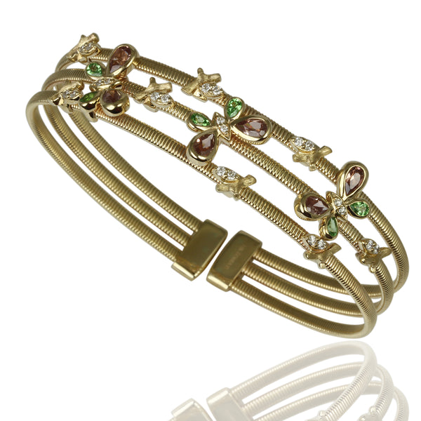 14k Gold Gemstone & Diamond Butterfly 3-Row Bangle Bracelet
