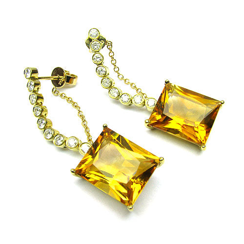 18k Gold 1 1/2'' Citrine & Diamond Drop Earrings