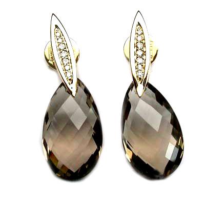 18k Yellow Gold 1 3/16'' Smokey Quartz & Diamond Earrings