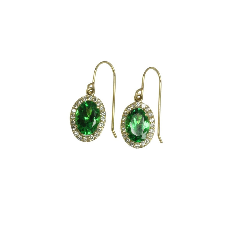 14k Gold Tsavorite & Diamond Oval Dangle Earrings
