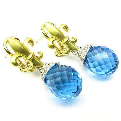 18k Gold 1 3/16'' Fleur De Lis Blue Topaz Earrings