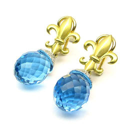 18k Gold 1 3/16'' Fleur De Lis Blue Topaz Earrings