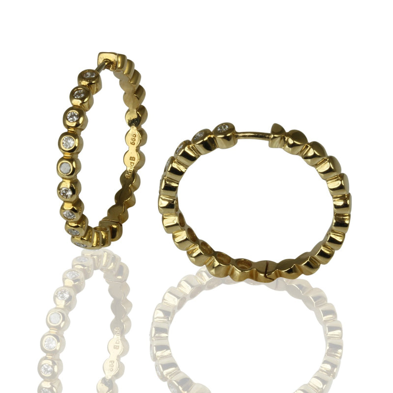 14k Gold 15/16'' Bubble Bezel Diamond Hoop Earrings