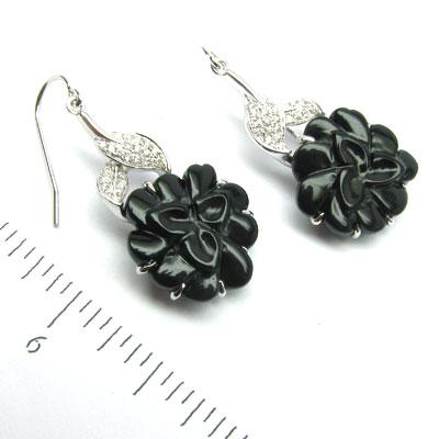 14k Gold 1 3/8'' Black Onyx Flower & Diamond Earrings