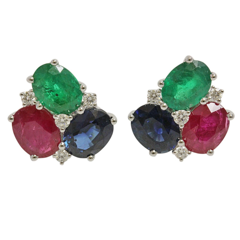 18k Gold Emerald, Blue Sapphire, Ruby & Diamond Earrings