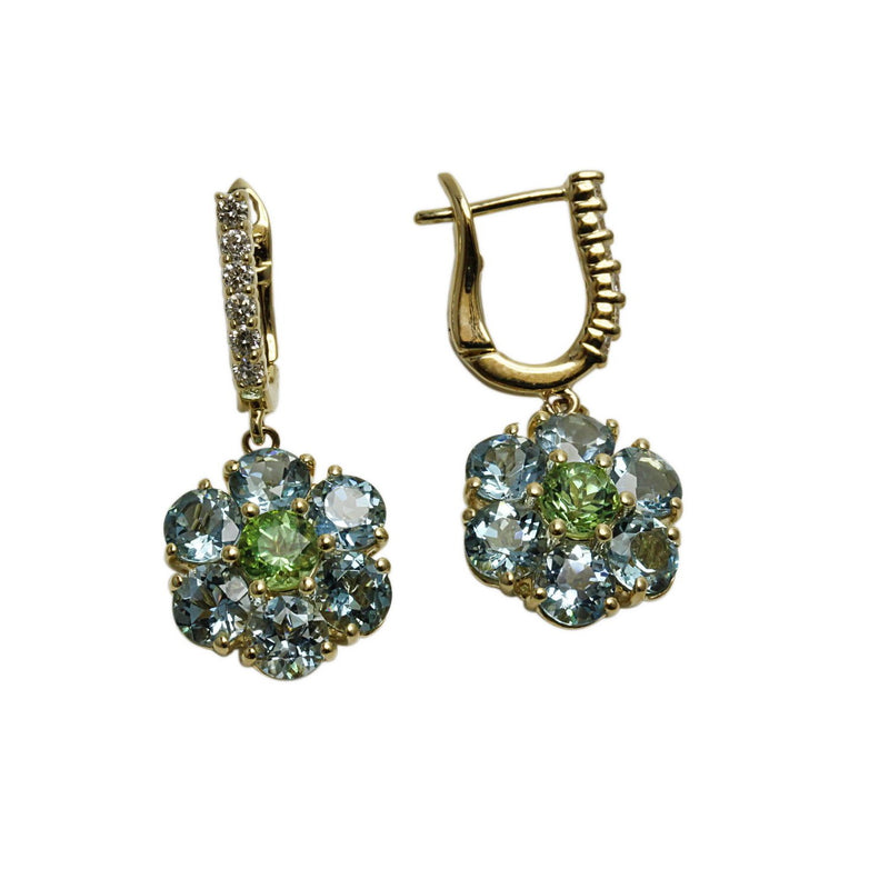 14k Gold Mint Garnet & Aquamarine Flower Earrings