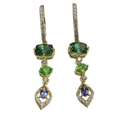 14k Gold Multi Gemstone & Diamond Dangle Earrings