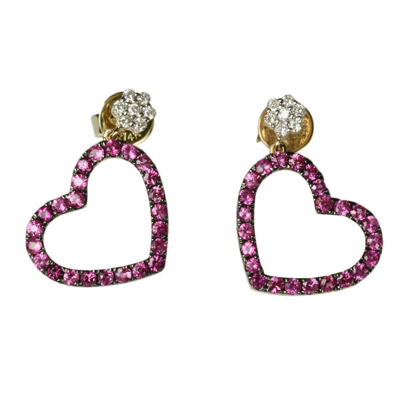 14k Gold Pink Sapphire & Diamond Drop Heart Earrings