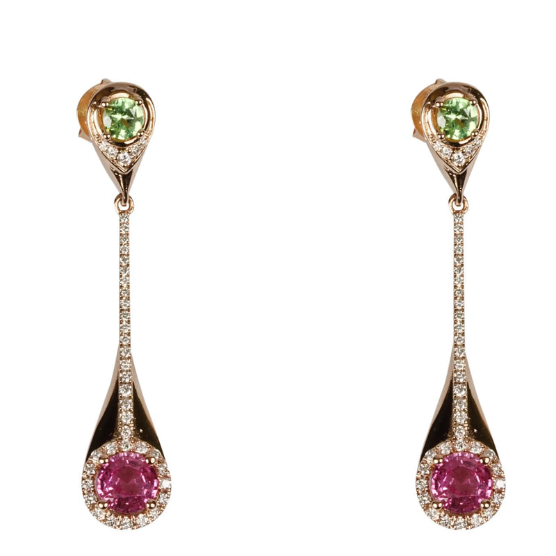 14k Gold Pink Sapphire, Mint Garnet & Diamond Earrings