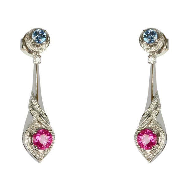 14k Gold Pink Sapphire, Aquamarine, & Diamond Earring