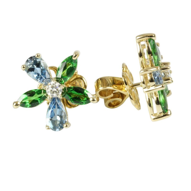 14k Gold Aquamarine & Tsavorite Flower Earrings