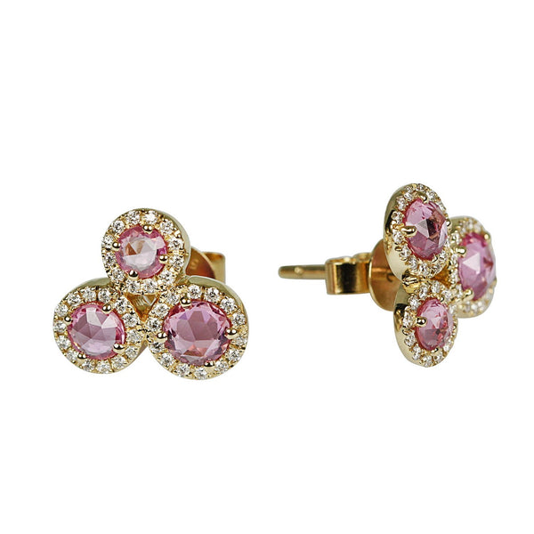 14k Gold Rose Cut Pink Sapphire & Diamond Cluster Earrings
