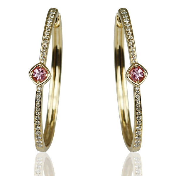14k Gold Pink Sapphire & Diamond Hoop Earrings