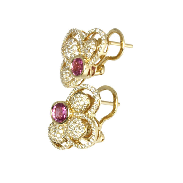 14k Gold Pink Sapphire & Diamond Half Flower Earrings