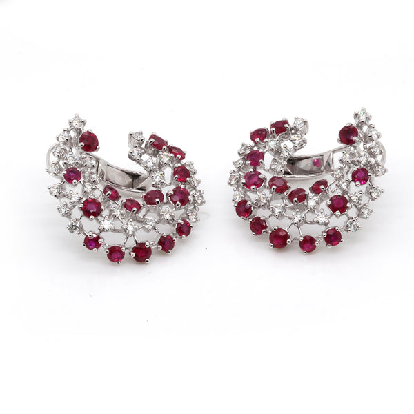 14k Gold Diamond & Ruby Crescent Omega Back Earrings