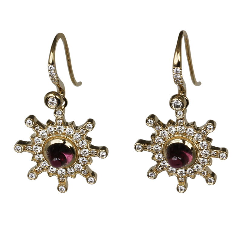 14k Gold Starburst Rhodolite & Diamond Drop Earrings