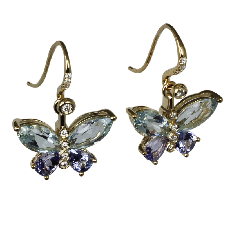 14k Gold Aquamarine & Tanzanite Butterfly Drop Earrings