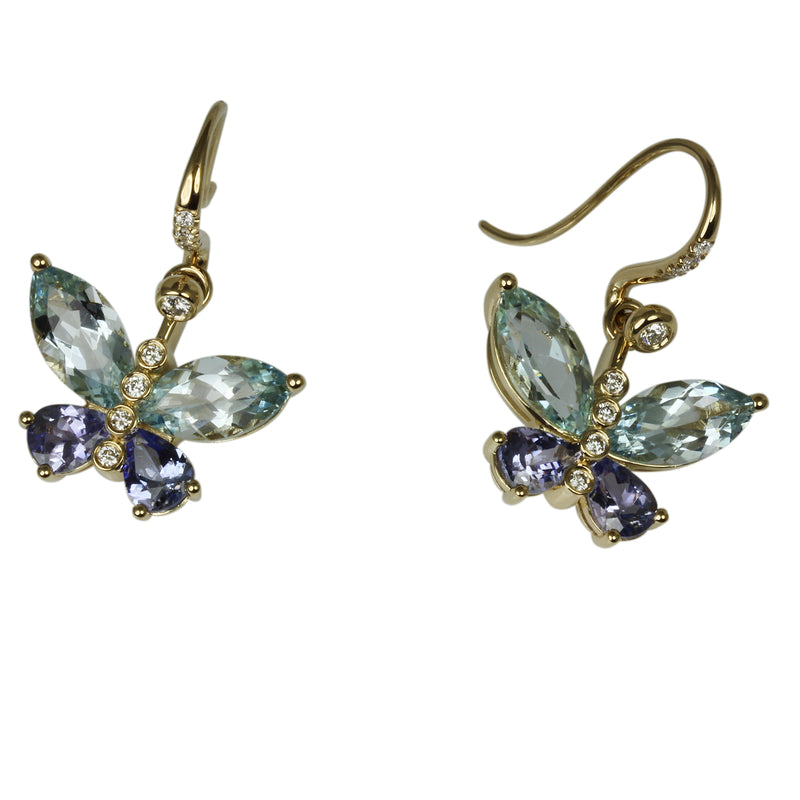 14k Gold Aquamarine & Tanzanite Butterfly Drop Earrings